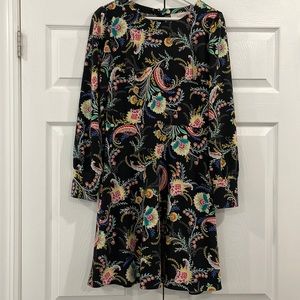 Loft A-Line Black Flower Dress - Long Sleeves- Puff Sleeves - BACK Zipper